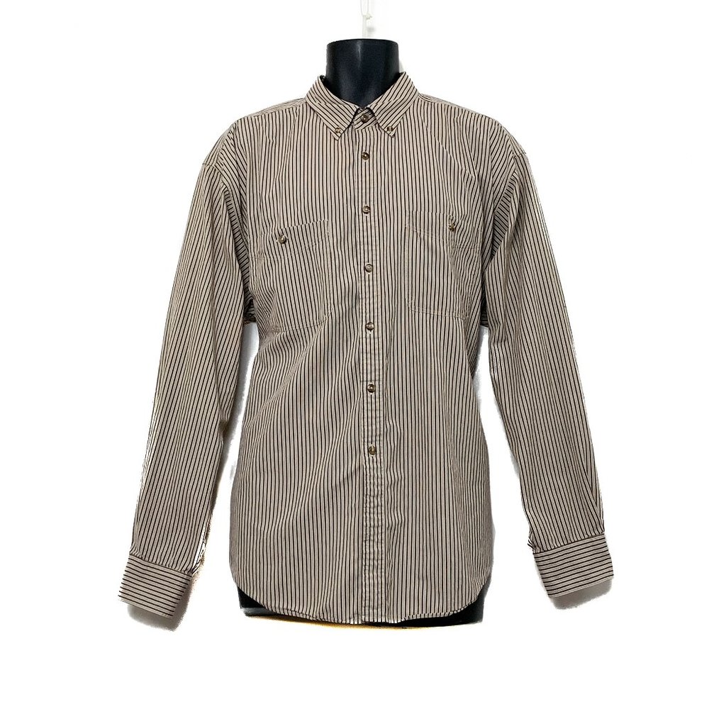 L.L. Bean Mens LS Button Up Tan Shirt w Burgundy Stripes 2 Chest Pkt Meas Sz 2XL